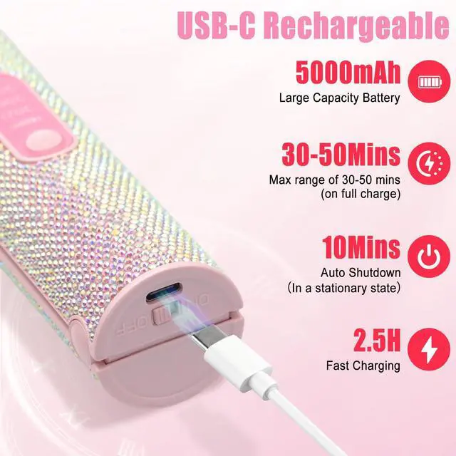 Alt view image 2 of 7 - 2-in-1 Cordless Hair Straightener Curler, Pink Rhinestone Mini Wireless Titanium Flat Iron, 5000mAh USB-C Rechargeable, 2S Fast Heating, Up to 410°F, Portable Styling Tool, Ideal Gift for Women