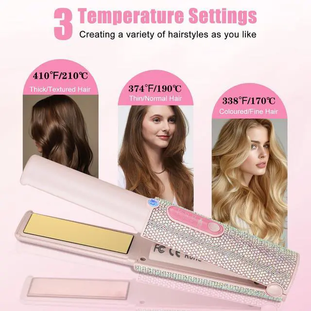 Alt view image 4 of 7 - 2-in-1 Cordless Hair Straightener Curler, Pink Rhinestone Mini Wireless Titanium Flat Iron, 5000mAh USB-C Rechargeable, 2S Fast Heating, Up to 410°F, Portable Styling Tool, Ideal Gift for Women