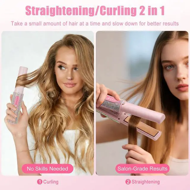 Alt view image 5 of 7 - 2-in-1 Cordless Hair Straightener Curler, Pink Rhinestone Mini Wireless Titanium Flat Iron, 5000mAh USB-C Rechargeable, 2S Fast Heating, Up to 410°F, Portable Styling Tool, Ideal Gift for Women