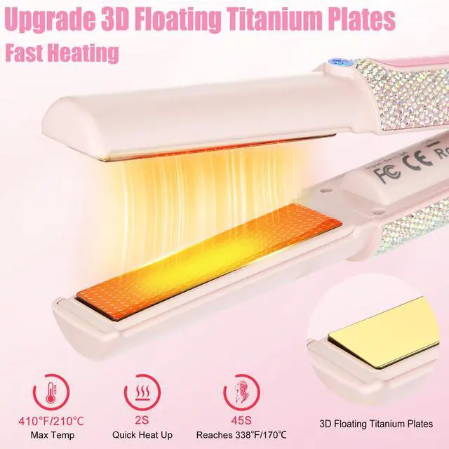 Alt view image 3 of 7 - 2-in-1 Cordless Hair Straightener Curler, Pink Rhinestone Mini Wireless Titanium Flat Iron, 5000mAh USB-C Rechargeable, 2S Fast Heating, Up to 410°F, Portable Styling Tool, Ideal Gift for Women