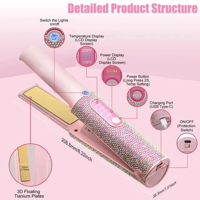 Alt view image 7 of 7 - 2-in-1 Cordless Hair Straightener Curler, Pink Rhinestone Mini Wireless Titanium Flat Iron, 5000mAh USB-C Rechargeable, 2S Fast Heating, Up to 410°F, Portable Styling Tool, Ideal Gift for Women
