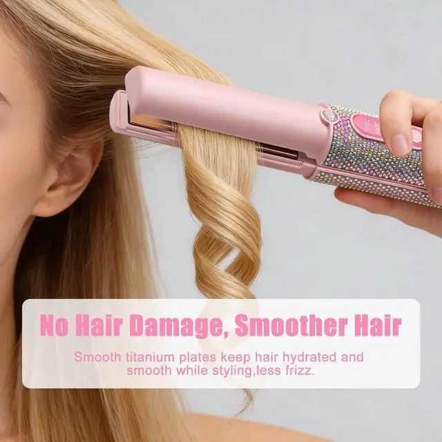 Alt view image 6 of 7 - 2-in-1 Cordless Hair Straightener Curler, Pink Rhinestone Mini Wireless Titanium Flat Iron, 5000mAh USB-C Rechargeable, 2S Fast Heating, Up to 410°F, Portable Styling Tool, Ideal Gift for Women