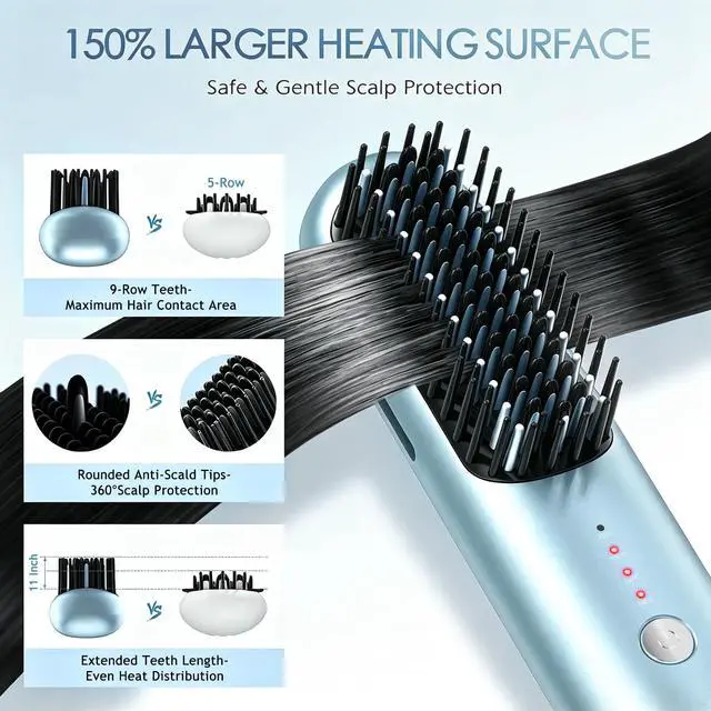 Alt view image 3 of 7 - New Go Brush Pro 2026 Cordless Hair Straightener Brush, 280M Ionic, 1-Min MCH Fast Heat, 4000mAh 45-Min Runtime,TSA Mini& Travel,Auto Shut-Off,121 Teeth for Anti-Scald Frizz-Free Salon Smooth(Blue)