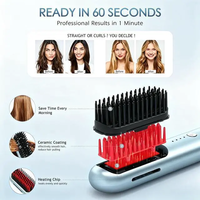 Alt view image 6 of 7 - New Go Brush Pro 2026 Cordless Hair Straightener Brush, 280M Ionic, 1-Min MCH Fast Heat, 4000mAh 45-Min Runtime,TSA Mini& Travel,Auto Shut-Off,121 Teeth for Anti-Scald Frizz-Free Salon Smooth(Blue)