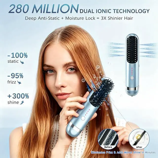 Alt view image 2 of 7 - New Go Brush Pro 2026 Cordless Hair Straightener Brush, 280M Ionic, 1-Min MCH Fast Heat, 4000mAh 45-Min Runtime,TSA Mini& Travel,Auto Shut-Off,121 Teeth for Anti-Scald Frizz-Free Salon Smooth(Blue)