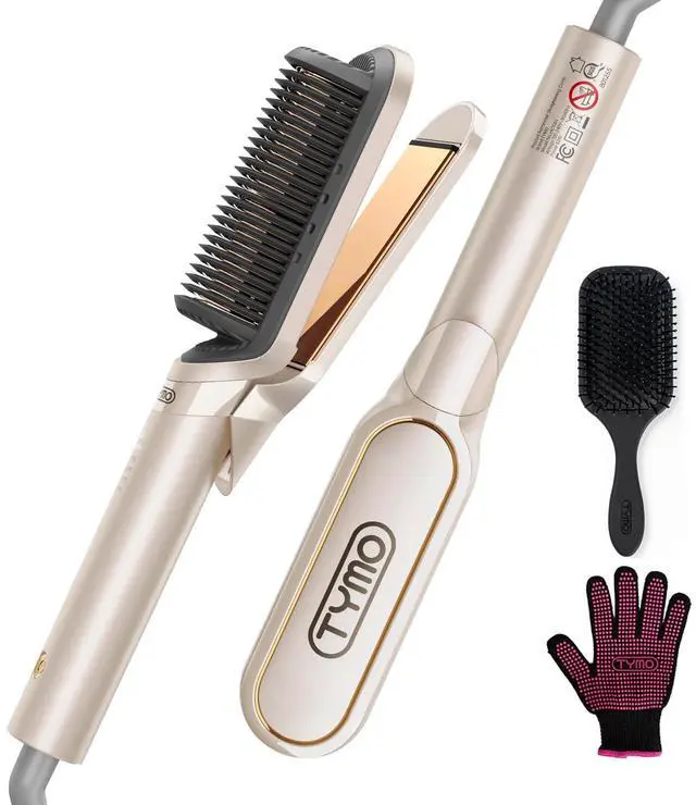 Main image of Flat Iron Hair Straightener Brush 2 in 1, 200M Ions Hair Straighteners for Women, Ceramic Straightening Hot Comb for Anti-Frizz Straights, Waves, Curl, 3X Less Heat Damage, Dual Voltage, Gold