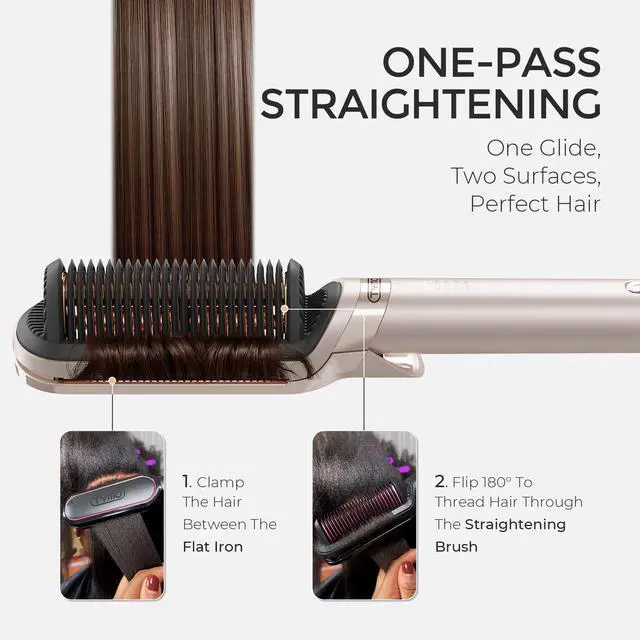Alt view image 3 of 7 - Flat Iron Hair Straightener Brush 2 in 1, 200M Ions Hair Straighteners for Women, Ceramic Straightening Hot Comb for Anti-Frizz Straights, Waves, Curl, 3X Less Heat Damage, Dual Voltage, Gold
