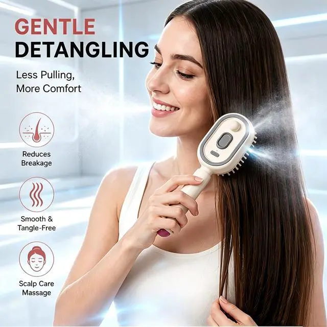 Alt view image 2 of 7 - Electric Spray Air Cushion Massage Comb, Self-Cleaning Anti-Tangle Hair Brush, Anti-Static Volumizing Comb for Frizz Control, Smooth Shine & Daily Hair Care for Women(Beige)