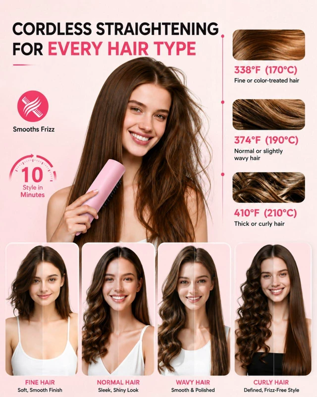 Alt view image 4 of 7 - Cordless Hair Straightener Brush, Portable Straightener with Ionic Hair Brush Care, Fast Heated Styling, 3 Heat Levels, and Anti-Scald Care for Travel, Office, and Hotel, Gift for Women, Mirage Pink