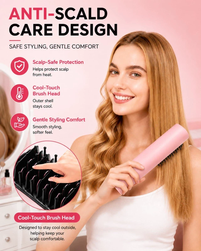 Alt view image 5 of 7 - Cordless Hair Straightener Brush, Portable Straightener with Ionic Hair Brush Care, Fast Heated Styling, 3 Heat Levels, and Anti-Scald Care for Travel, Office, and Hotel, Gift for Women, Mirage Pink