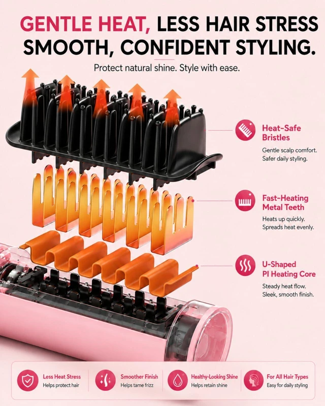 Alt view image 6 of 7 - Cordless Hair Straightener Brush, Portable Straightener with Ionic Hair Brush Care, Fast Heated Styling, 3 Heat Levels, and Anti-Scald Care for Travel, Office, and Hotel, Gift for Women, Mirage Pink