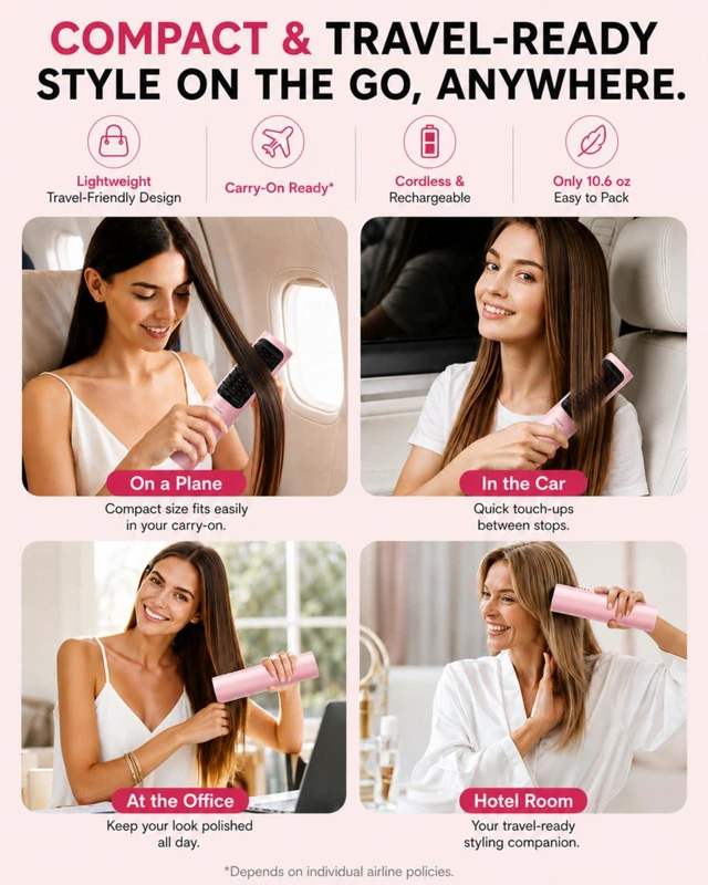 Alt view image 7 of 7 - Cordless Hair Straightener Brush, Portable Straightener with Ionic Hair Brush Care, Fast Heated Styling, 3 Heat Levels, and Anti-Scald Care for Travel, Office, and Hotel, Gift for Women, Mirage Pink