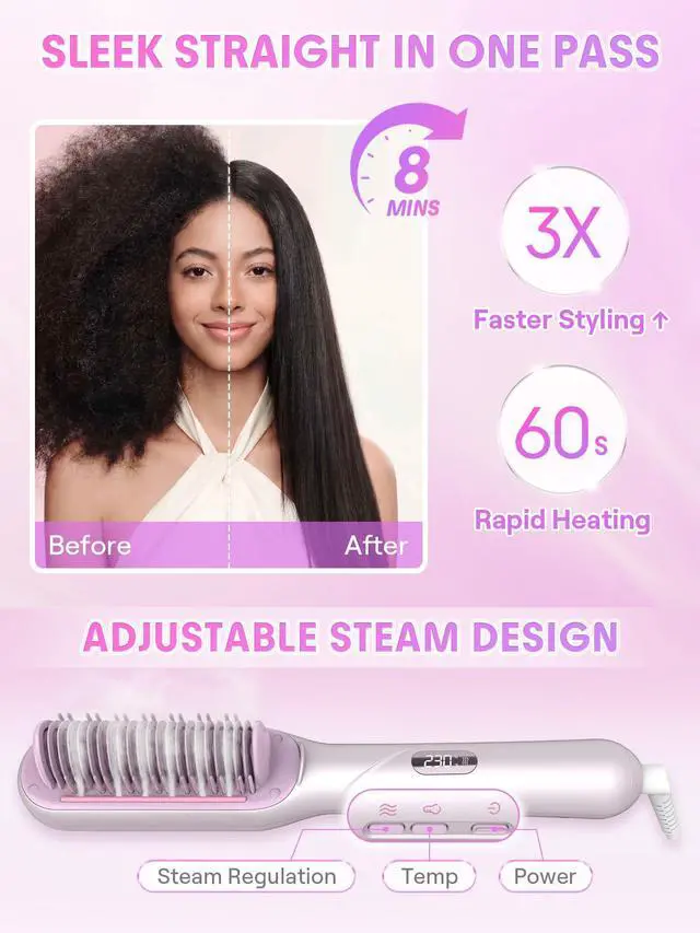 Alt view image 3 of 7 - Steam Straightener Brush, 3-in-1 Steam Hot Comb for Damaged Hair