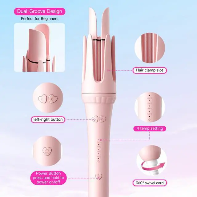 Alt view image 7 of 7 - Myhox Auto Curling Iron 1.25", 4 Temp, Rotating Hair Curler for Beach Waves, Ceramic Curling Wand with Anti-Scald & Anti-Tangle for Long Hair, Dual Voltage, Pink