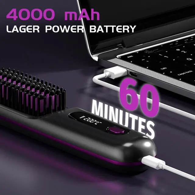 Alt view image 7 of 7 - Go Brush Pro Portable Cordless Hair Straightener Brush, Rechargeable MCH Fast Heating for Women Travel (Purple)