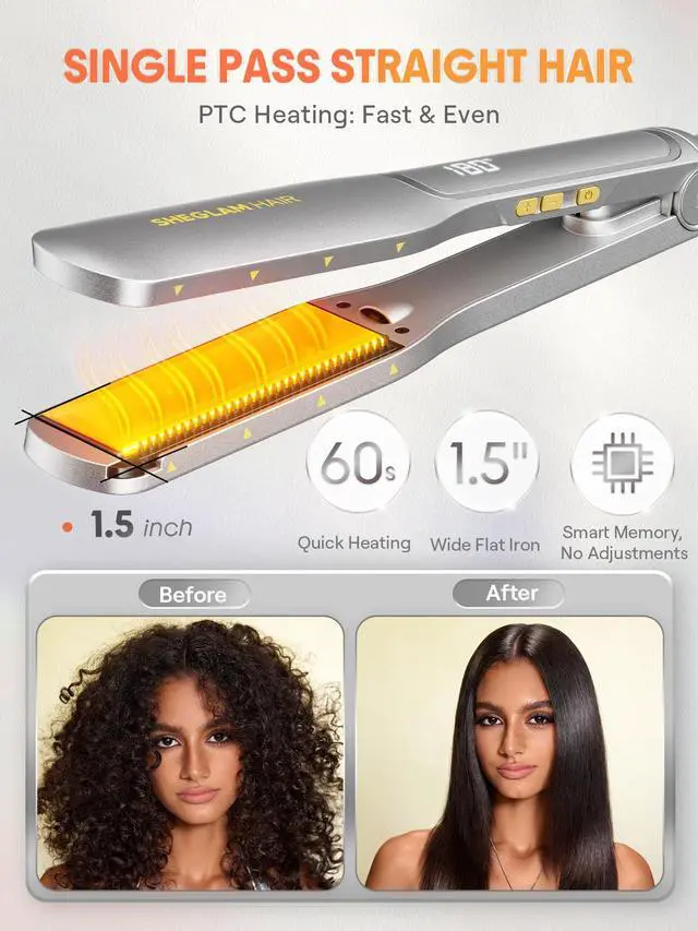 Alt view image 4 of 7 - Hair Straightener, 1.5" Flat Iron Straightener and Curler with Comb Tooth Adjustable Smart Memory Temp 270-450°F Dual Voltage Portable Flat Iron Hair Straightener for All Hairstyles Anti-Frizz