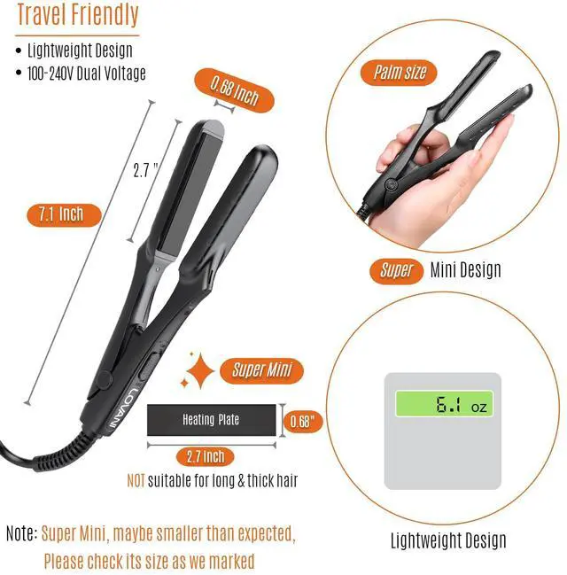 Alt view image 7 of 7 - Mini Flat Iron 0.5 inch, Dual Voltage Travel Hair Straightener for Short to Medium Hair & Bangs, Small Size Ceramic Tourmaline 3D Floating Plates, HeatResistant Pouch Included