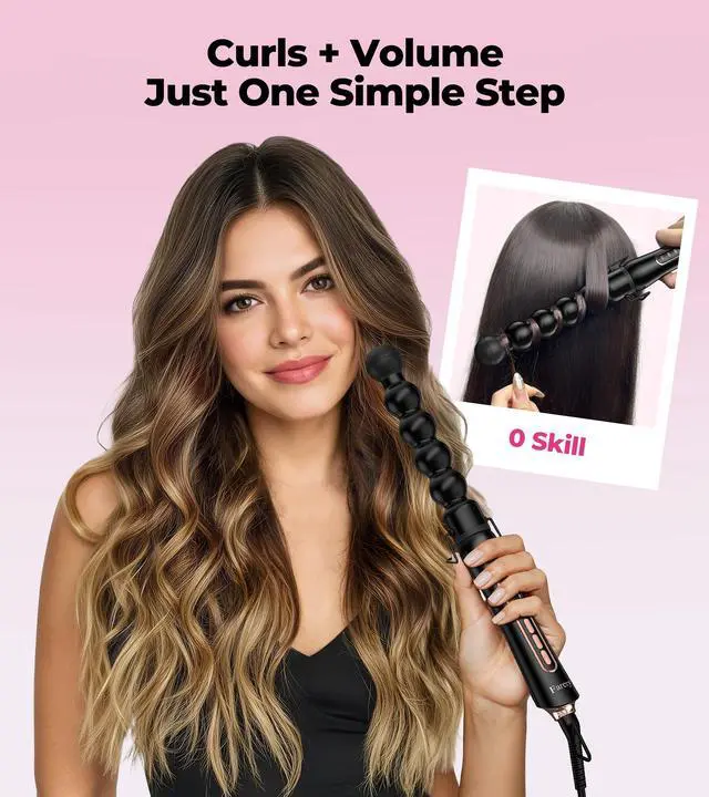 Alt view image 3 of 7 - Bubble Curling Wand for Long Hair - 32mm Ceramic Coated Springless Barrel for Defined Spiral Curls & Waves, Smooth Shine, Includes Heat Resistant Glove, 5 Temp Settings, Dual Voltage