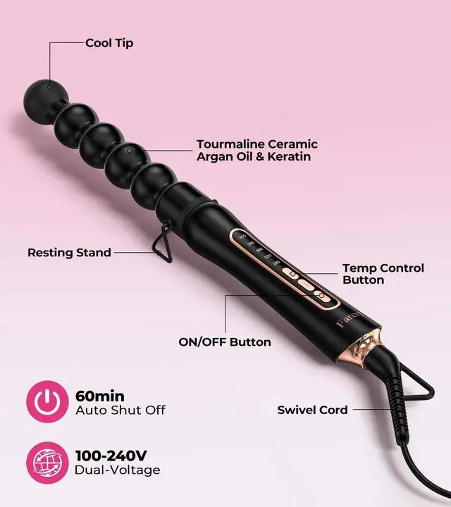 Alt view image 7 of 7 - Bubble Curling Wand for Long Hair - 32mm Ceramic Coated Springless Barrel for Defined Spiral Curls & Waves, Smooth Shine, Includes Heat Resistant Glove, 5 Temp Settings, Dual Voltage