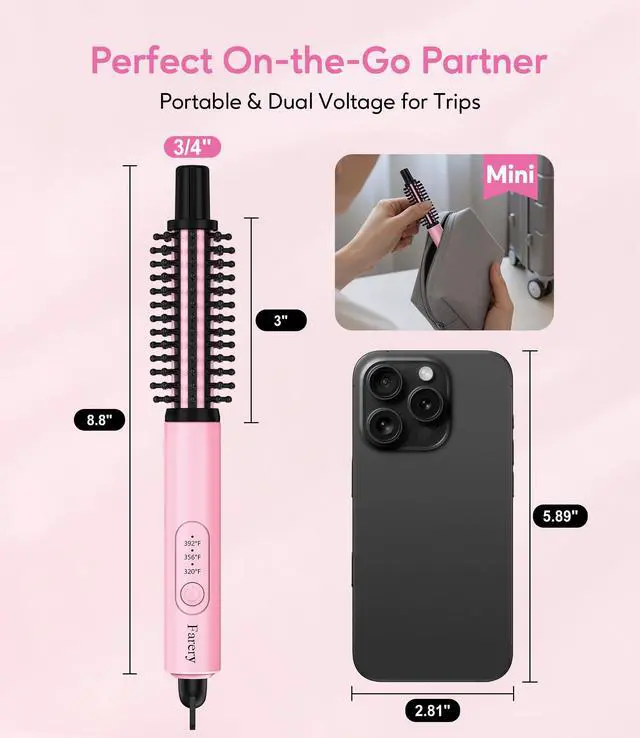 Alt view image 2 of 7 - Mini Thermal Brush 3 Temperature Adjustable, 3/4 Inch Travel Curling Iron for Short Hair, Heated Round Brush for Touch ups and Small Curls, Travel Size Curling Wand, Dual Voltage, Pink