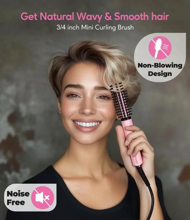 Alt view image 3 of 7 - Mini Thermal Brush 3 Temperature Adjustable, 3/4 Inch Travel Curling Iron for Short Hair, Heated Round Brush for Touch ups and Small Curls, Travel Size Curling Wand, Dual Voltage, Pink