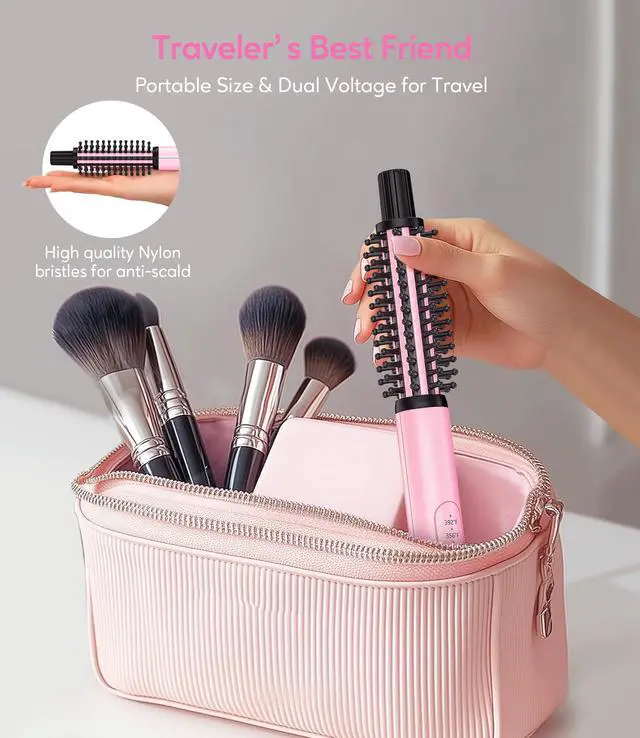 Alt view image 5 of 7 - Mini Thermal Brush 3 Temperature Adjustable, 3/4 Inch Travel Curling Iron for Short Hair, Heated Round Brush for Touch ups and Small Curls, Travel Size Curling Wand, Dual Voltage, Pink