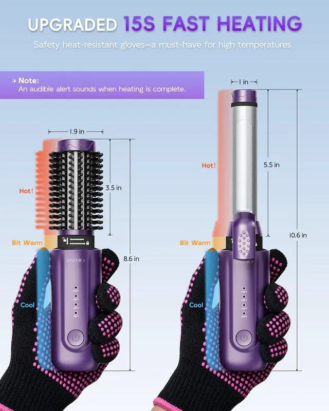 Alt view image 7 of 7 - Cordless Curling Iron Rechargeable, 1"/1.5",8000mAh,300-410