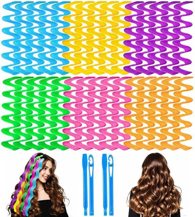 Main image of 30 Pcs Heatless Hair Curlers Wave Curls Styling Kit with 2 Pcs Styling Hooks, No Heat Hair Curlers Heatless Wave Curlers for Women Girls Long Medium Short Hair (6 Colors, 55 cm/21.65 inch)