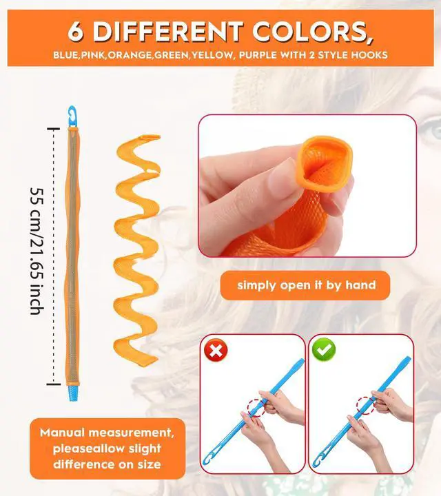 Alt view image 3 of 6 - 30 Pcs Heatless Hair Curlers Wave Curls Styling Kit with 2 Pcs Styling Hooks, No Heat Hair Curlers Heatless Wave Curlers for Women Girls Long Medium Short Hair (6 Colors, 55 cm/21.65 inch)
