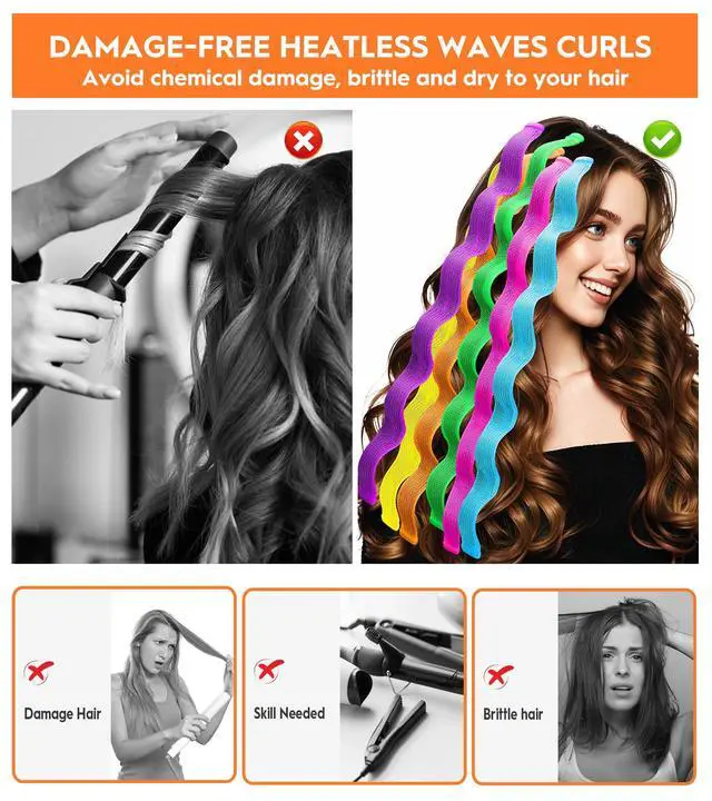 Alt view image 2 of 6 - 30 Pcs Heatless Hair Curlers Wave Curls Styling Kit with 2 Pcs Styling Hooks, No Heat Hair Curlers Heatless Wave Curlers for Women Girls Long Medium Short Hair (6 Colors, 55 cm/21.65 inch)