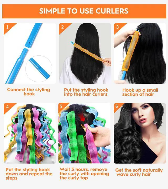 Alt view image 6 of 6 - 30 Pcs Heatless Hair Curlers Wave Curls Styling Kit with 2 Pcs Styling Hooks, No Heat Hair Curlers Heatless Wave Curlers for Women Girls Long Medium Short Hair (6 Colors, 55 cm/21.65 inch)