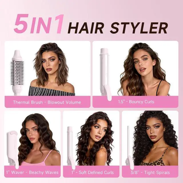 Alt view image 4 of 7 - 5 in 1 Curling Iron Set with Airflow Cooling for Long-Lasting Curls, Ionic Ceramic Hair Curler with 3/8", 1", 1.5" Barrels, Crimper & Thermal Brush, Dual Voltage, 250410
