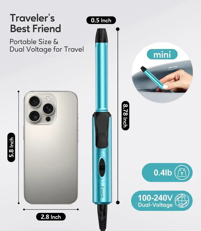 Alt view image 2 of 7 - Travel Size Mini Curling Iron, 1/2 Inch, 100-240V Dual Voltage, Blue