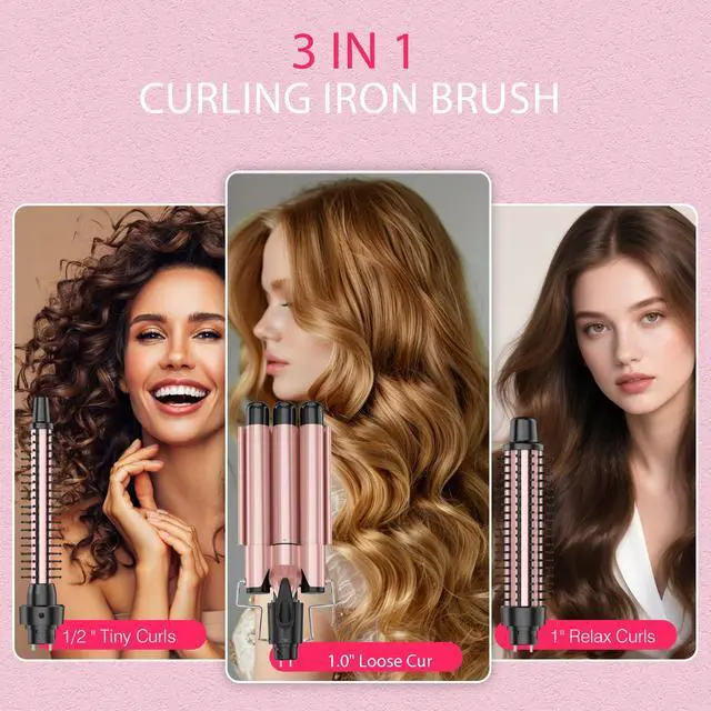 Alt view image 2 of 6 - Curling Iron 3 in 1 Barrel Curling Brush Set Crimper and Waver, Heated Curler Hair Styler Tool for Thermal Brush (Rose Gold, Curling Wand(0.5-1 Inch))