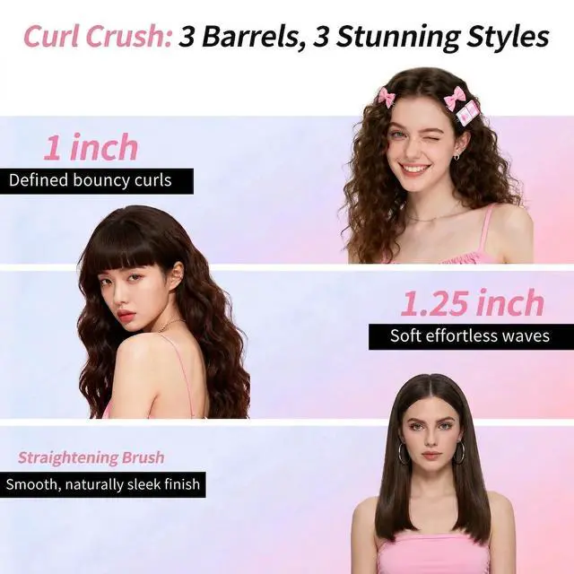 Alt view image 2 of 7 - 3 in 1 Automatic Hair Curler Set, 1"&1.25" Barrels with Straightening Brush, 3 Temp, Negative Ion Hair Styler for Beach Waves, Loose Curls & Straight Hair, Travel Light