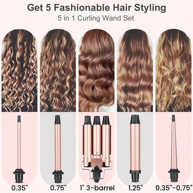 Alt view image 2 of 7 - Wand Curling Iron Hair Crimper Tool, Pro Large 3 Barrels (0.35" - 1.25" Ceramic Barrel) Hair Wand Curler for Women Beach Waves Instant Heat Multi-Size Hair Waver 5-in-1 Curling Wand Set