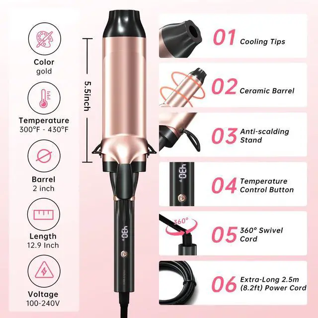 Alt view image 6 of 7 - 2 Inch Large Barrel Curling Iron for Long Hair & Thick Hair, Hair Curler for Beach Waves and Voluminous Curls, 30 Seconds Fast Heating Hair Styling Tool with 8 Adjustable Temperature