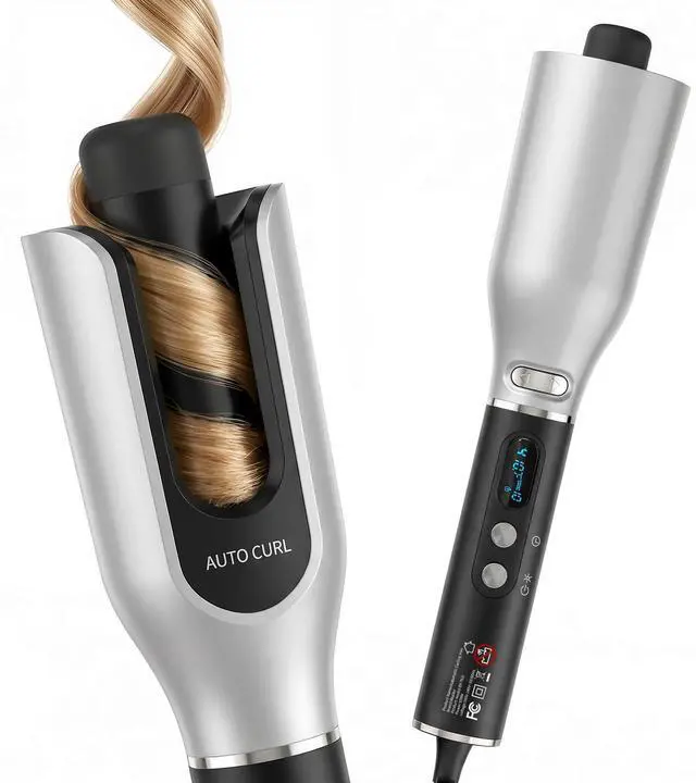 Main image of Automatic Rotating Curling Iron, 1 Inch Auto Hair Curler for Long Hair, Anti-Scald Curling Wand with LCD Display, 4 Heat Settings, Dual Rotation, Dual Voltage Travel Hair Curler, Silver