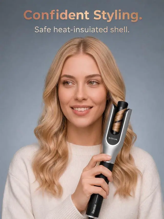 Alt view image 2 of 7 - Automatic Rotating Curling Iron, 1 Inch Auto Hair Curler for Long Hair, Anti-Scald Curling Wand with LCD Display, 4 Heat Settings, Dual Rotation, Dual Voltage Travel Hair Curler, Silver