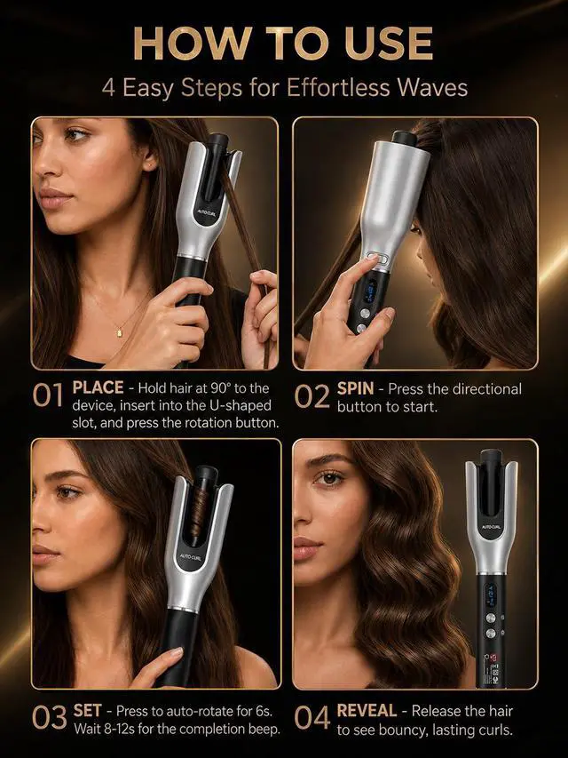 Alt view image 6 of 7 - Automatic Rotating Curling Iron, 1 Inch Auto Hair Curler for Long Hair, Anti-Scald Curling Wand with LCD Display, 4 Heat Settings, Dual Rotation, Dual Voltage Travel Hair Curler, Silver