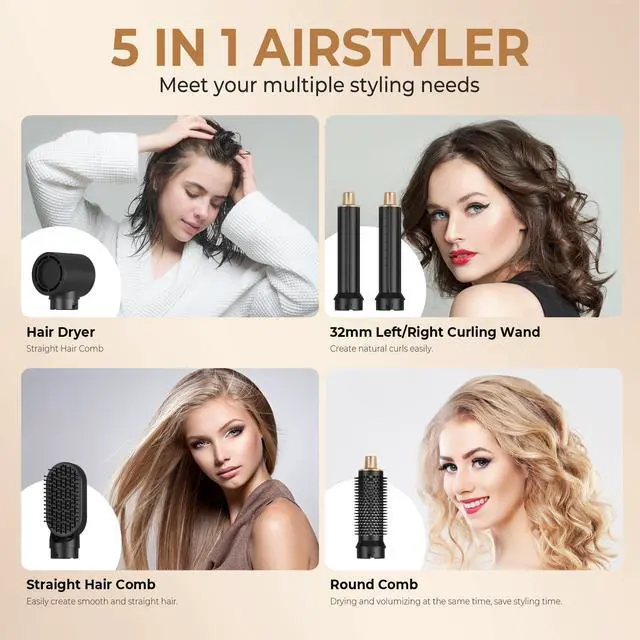 Alt view image 4 of 7 - Hair Dryer Brush 5 in 1, Blow Dryer Brush Set with Air Curler Wrap Hair Styler, Negative Ionic Blow Dry Brush, Detachable Hair Tool for Curling, Volumizer,Straightener,Drying