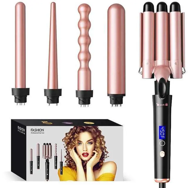 Main image of 5 in 1 Curling Wand Set with Temperature Display, Curling Iron Set with 5 Interchangeable Ceramic Curling Wands, Instant Heat Up, Suitable for All Hair Types (Rose Gold)
