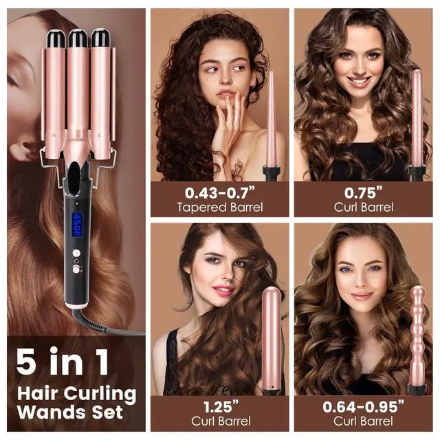 Alt view image 4 of 7 - 5 in 1 Curling Wand Set with Temperature Display, Curling Iron Set with 5 Interchangeable Ceramic Curling Wands, Instant Heat Up, Suitable for All Hair Types (Rose Gold)