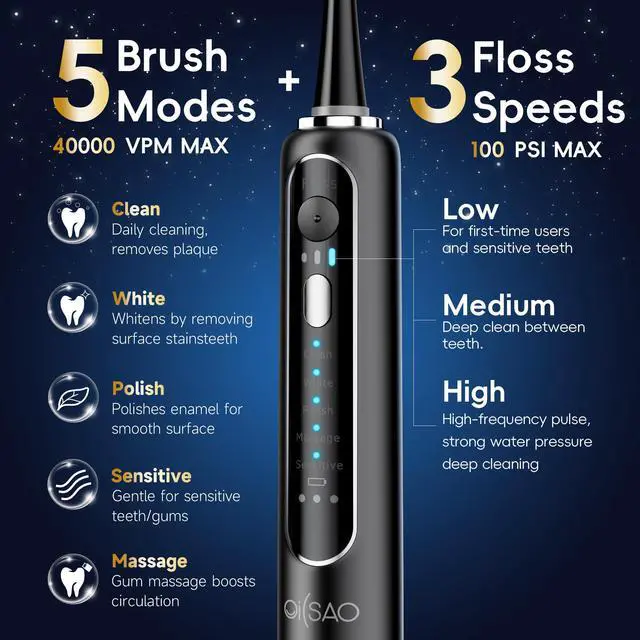 Alt view image 4 of 7 - Electric Toothbrush with Water Flosser Combo,Sonic Flossing Toothbrush, Bl