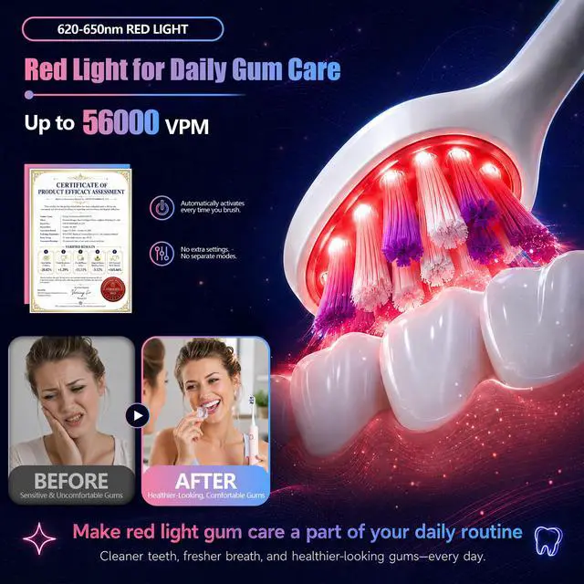 Alt view image 2 of 7 - Red Light Electric Toothbrush with + 1 RedLight Brush Head, Pap & Enamel Repair Whitening Toothpaste, USB Rechargeable Sonic Toothbrush with Replacement Brush Head