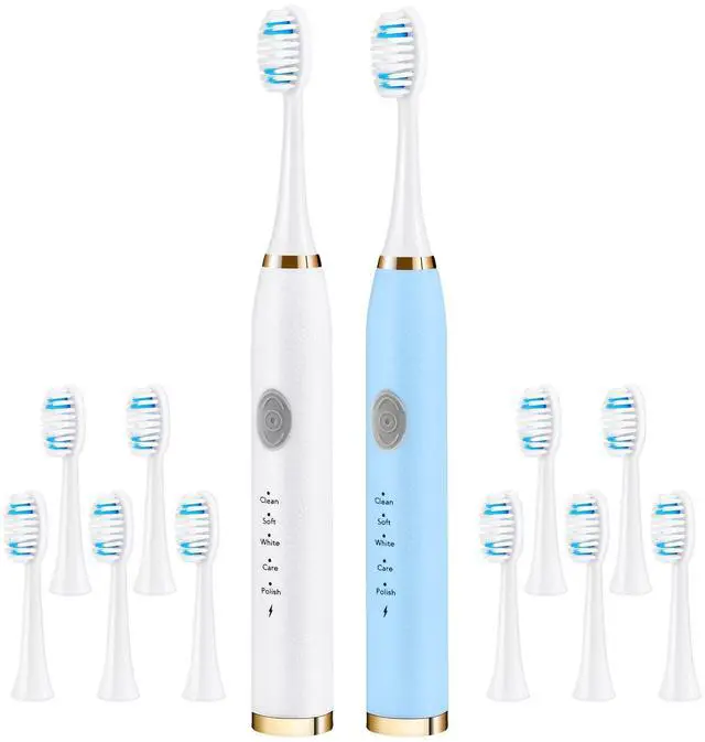Main image of 2 Pack Electric Toothbrush for Adults and Kids, Travel Toothbrush Includes 10 Replacement Toothbrush Heads, 5 Modes with 2 MIN Smart Timer (Blue White)