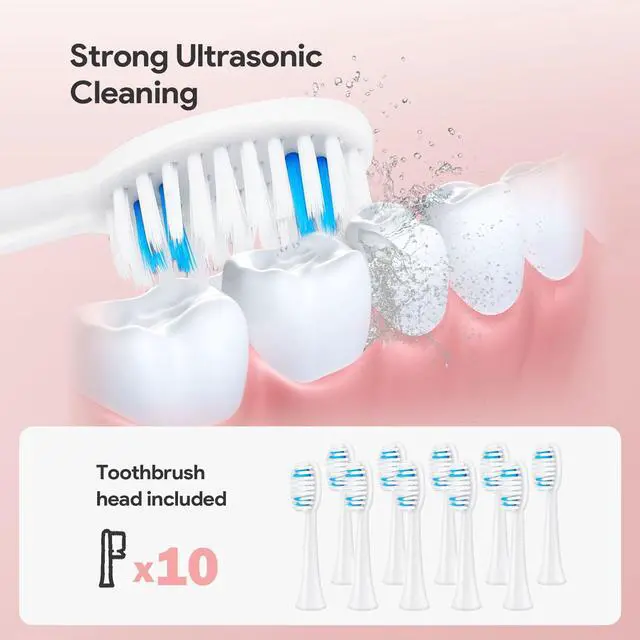 Alt view image 4 of 7 - 2 Pack Electric Toothbrush for Adults and Kids, Travel Toothbrush Includes 10 Replacement Toothbrush Heads, 5 Modes with 2 MIN Smart Timer (Blue White)