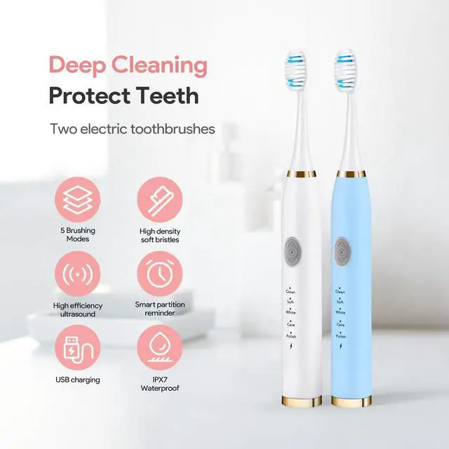Alt view image 2 of 7 - 2 Pack Electric Toothbrush for Adults and Kids, Travel Toothbrush Includes 10 Replacement Toothbrush Heads, 5 Modes with 2 MIN Smart Timer (Blue White)
