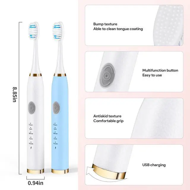 Alt view image 6 of 7 - 2 Pack Electric Toothbrush for Adults and Kids, Travel Toothbrush Includes 10 Replacement Toothbrush Heads, 5 Modes with 2 MIN Smart Timer (Blue White)