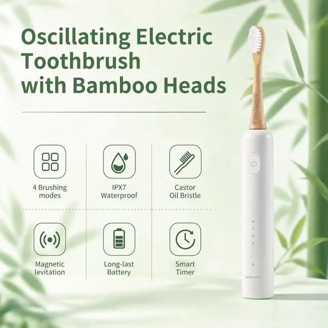 Alt view image 3 of 7 - Ultrasonic Oscillating Electric Toothbrush with Bamboo Heads